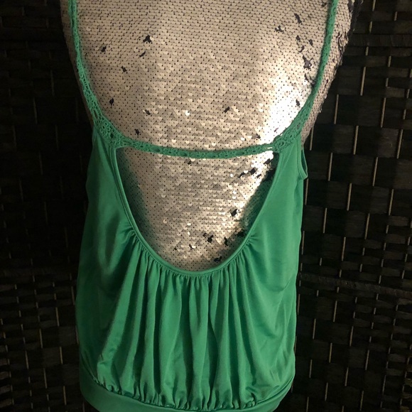 MARCIANO “Silk - Sheer- Crochet” 🟢Emerald Green Tank Top - Picture 2 of 12